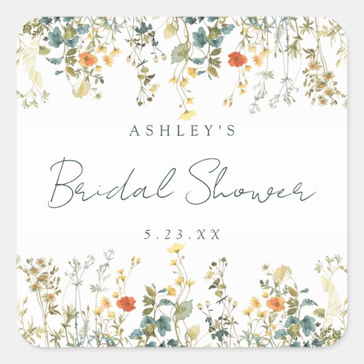 エレガントなワイルドフラワーのブライズシャワー スクエアシール (正面)