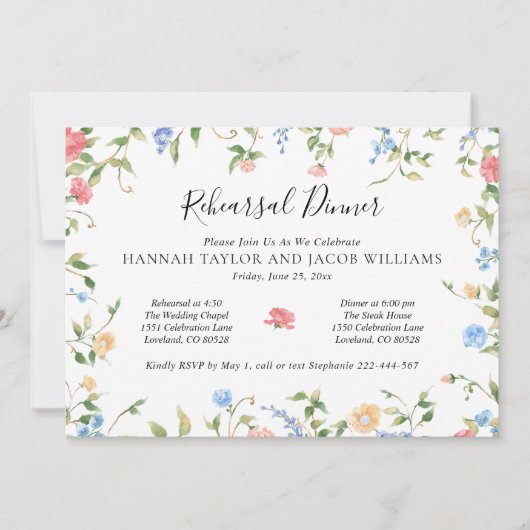 エレガントなワイルドフラワーの結婚式リハーサルディナー 招待状 (正面)
