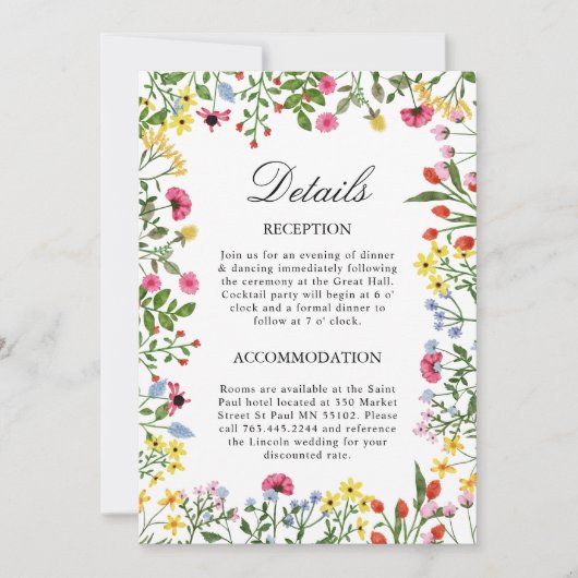 エレガントなワイルドフラワーの結婚式詳細案内カード 招待状 (正面)