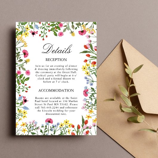 エレガントなワイルドフラワーの結婚式詳細案内カード 招待状