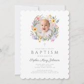 エレガントなワイルドフラワーの花輪 洗礼写真 招待状 (正面)