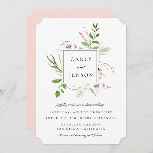 エレガントなワイルドフラワーフレームの結婚式 招待状 (正面/裏面)