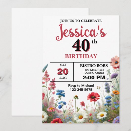 エレガントなワイルドフラワー 誕生日パーティー（年齢不問） 招待状 (正面/裏面)