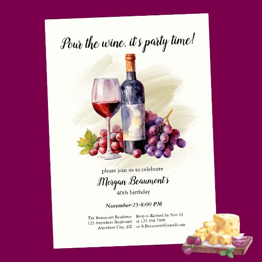 エレガントなワインを注ぐテーマの40歳の誕生日パーティー 招待状