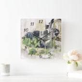 エレガントなワイングラス、紫と緑のブドウ スクエア壁時計 (ホーム)