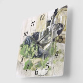 エレガントなワイングラス、紫と緑のブドウ スクエア壁時計 (傾斜)