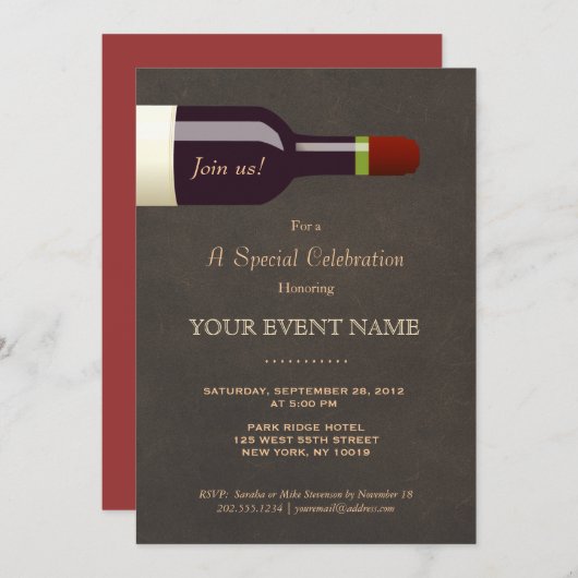 エレガントなワインボトル、ワインテイスティングパーティー 招待状 (正面/裏面)