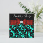 エレガントなワインレッドとターコイズブルーの誕生日パーティー 招待状 (スタンド正面)