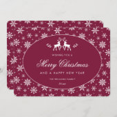 エレガントなワインレッドと白のホリデーカード 雪の結晶とトナカイ シーズンカード (正面/裏面)