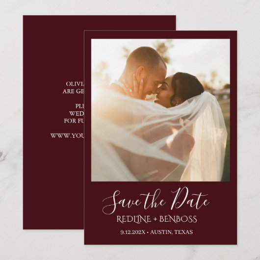 エレガントなワインレッドの1枚の写真の結婚式 セーブザデート (正面/裏面)