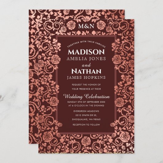 エレガントなヴィクトリアン ローズゴールド フォイル ウェディング 招待状 (正面/裏面)