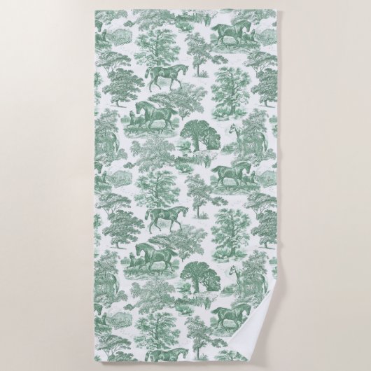 エレガントなヴィンテージのセージグリーンとホワイトの馬のトワール ビーチタオル (正面)