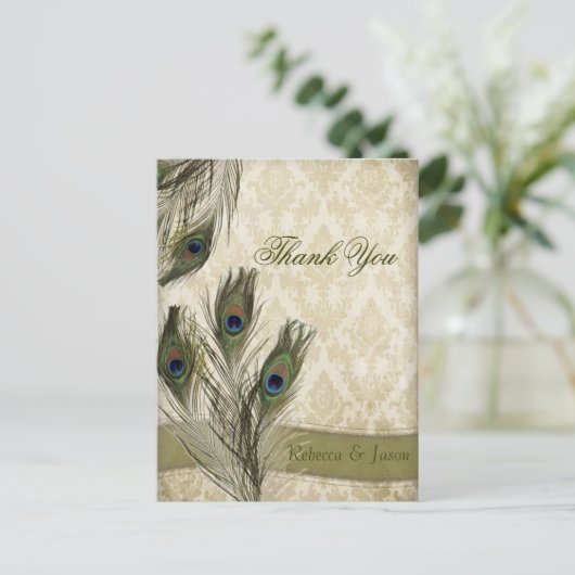 エレガントなヴィンテージのダマスクペコックの結婚式のお礼 ポストカード (スタンド正面)