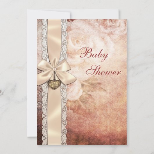 エレガントなヴィンテージのダマスク織バラ及び弓ベビーシャワー 招待状 (正面)