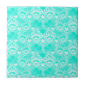 エレガントなヴィンテージのティール（緑がかった色）のターコイズのレースのダマスク織パターン タイル (正面)