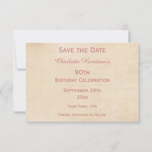 エレガントなヴィンテージのバラの第90誕生日の保存日付 セーブザデート (裏面)