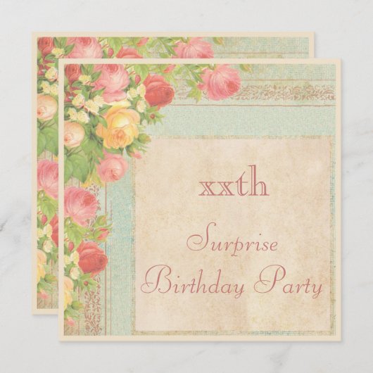 エレガントなヴィンテージのバラの驚きの誕生会 招待状 (正面/裏面)