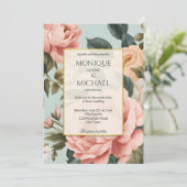 エレガントなヴィンテージのバラ色の桃色の花をフィーチャーしたオールインワン 招待状 (スタンド正面)