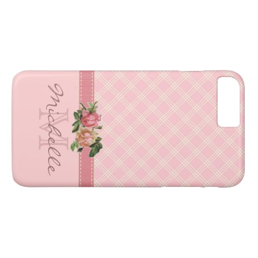 エレガントなヴィンテージのピンクの格子縞及び花柄のモノグラムの名前 Case-Mate iPhoneケース (裏面(横))