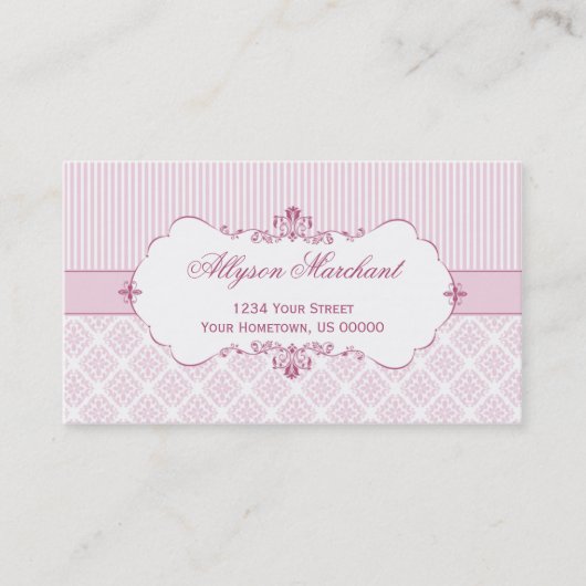 エレガントなヴィンテージのピンクの白いダマスク織は縞で飾ります 名刺 (正面)
