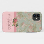 エレガントなヴィンテージのピンク及び緑の花のモノグラムの名前 Case-Mate iPhoneケース (裏面(横))