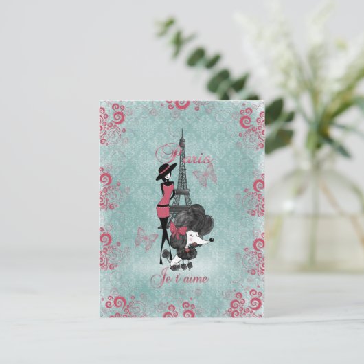 エレガントなヴィンテージのフランスのなプードルの女の子のシルエット ポストカード (スタンド正面)