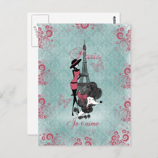 エレガントなヴィンテージのフランスのなプードルの女の子のシルエット ポストカード (正面/裏面)