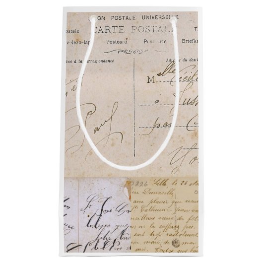 エレガントなヴィンテージのフランスのな郵便はがきの手書き スモールペーパーバッグ (正面)