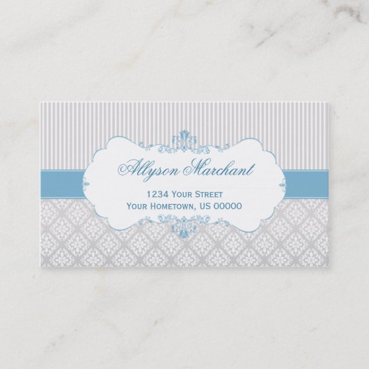 エレガントなヴィンテージのブルーグレーの白いダマスク織は縞で飾り、 名刺 (正面)