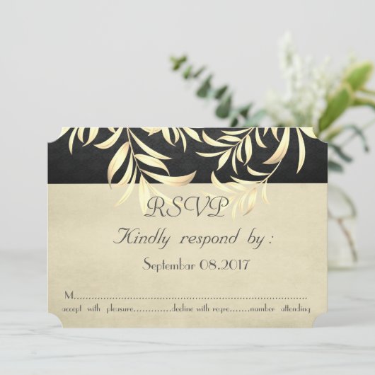 エレガントなヴィンテージの偽の金の葉の出欠確認 招待状 (スタンド正面)