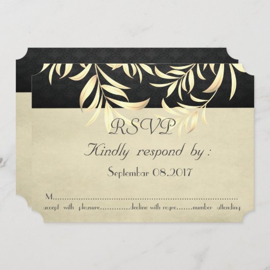 エレガントなヴィンテージの偽の金の葉の出欠確認 招待状 (正面/裏面)