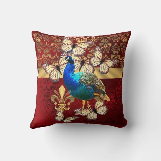 エレガントなヴィンテージの孔雀および赤いダマスク織 クッション (裏面)