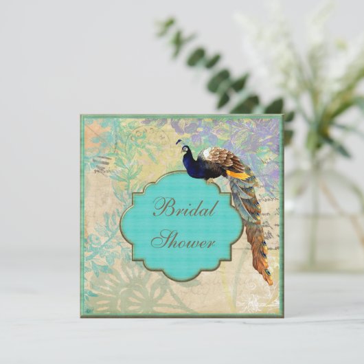 エレガントなヴィンテージの孔雀のブライダルシャワー 招待状 (スタンド正面)