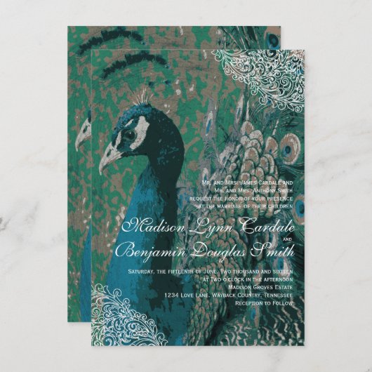 エレガントなヴィンテージの孔雀のレースの結婚式招待状 招待状 (正面/裏面)