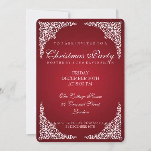 エレガントなヴィンテージの渦巻のクリスマス・パーティの赤 招待状 (正面)
