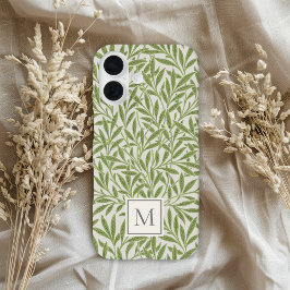 エレガントなヴィンテージの緑の柳の葉のモノグラム iPhone 16ケース