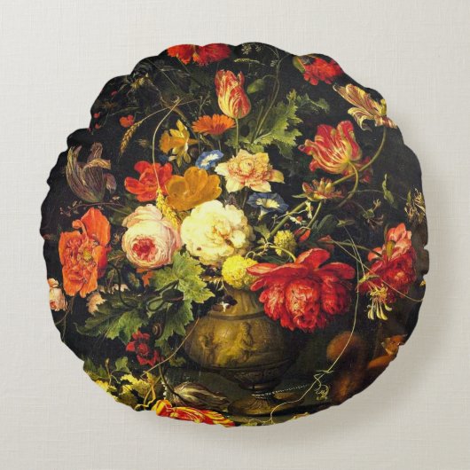 エレガントなヴィンテージの花のつぼのばら色の芸術 ラウンドクッション (正面)