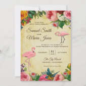 エレガントなヴィンテージの花のフラミンゴの結婚式招待状 招待状 (正面)