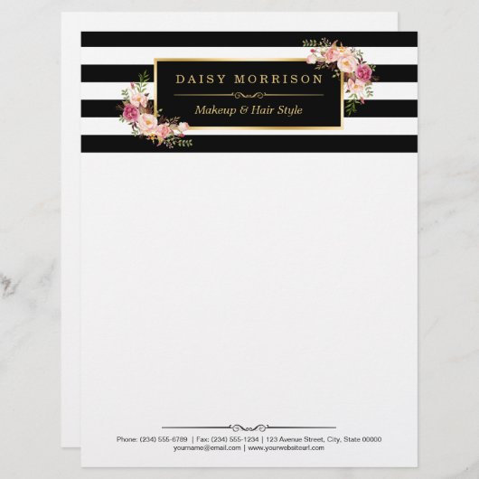 エレガントなヴィンテージの花の金ゴールドの白黒のストライプ レターヘッド (正面/裏面)