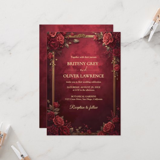 エレガントなヴィンテージの花柄 バーガンディーとゴールドの結婚式 招待状 (正面/裏面インサイチュ)