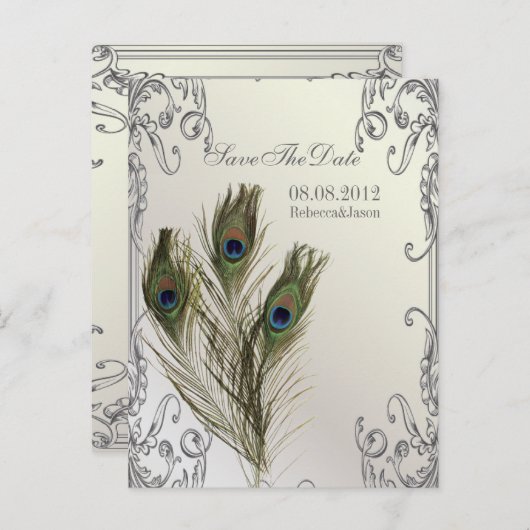 エレガントなヴィンテージの花飾りピーコック Save the date 案内ポストカード (正面/裏面)