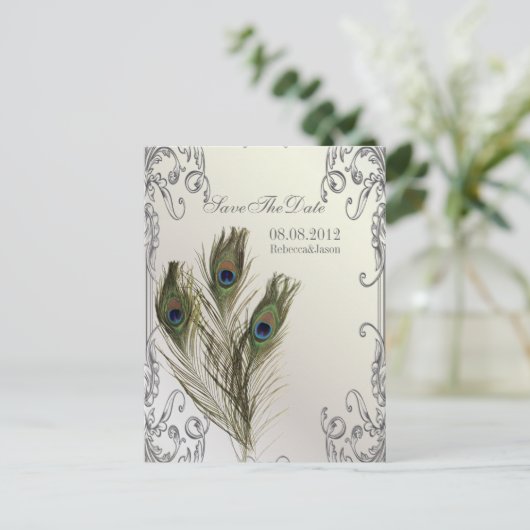 エレガントなヴィンテージの花飾りピーコック Save the date 案内ポストカード (スタンド正面)
