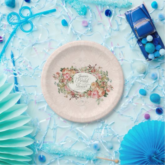 エレガントなヴィンテージの英国の赤面のばら色の花束のレース ペーパープレート (パーティー)