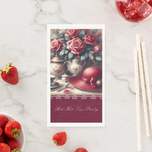 エレガントなヴィンテージの赤いバラの帽子のお茶会 (インサイチュ)