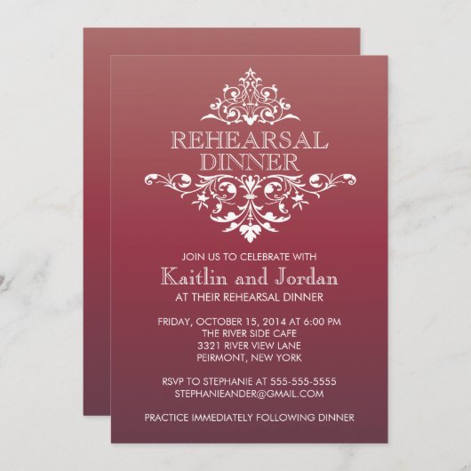 エレガントなヴィンテージの赤い華麗さのリハーサルの夕食 招待状 (正面/裏面)