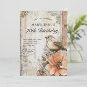 エレガントなヴィンテージの鳥と花の70歳の誕生日 招待状 (スタンド正面)