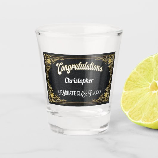 エレガントなヴィンテージの黒の金ゴールドの卒業のモノグラム ショットグラス (正面)