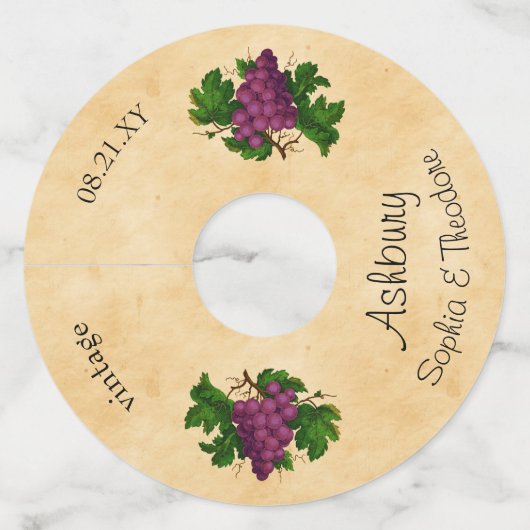 エレガントなヴィンテージのPurpeのブドウ|の名前をカスタムするの結婚 ワイングラスタグ (正面)