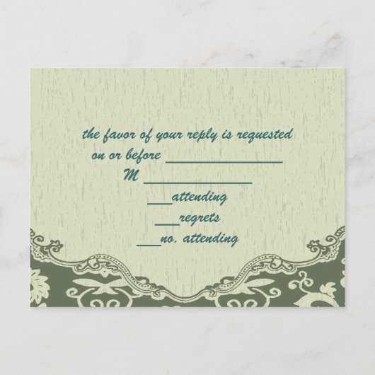 エレガントなヴィンテージカントリーグリーンのピーコック結婚式の出欠確認 インビテーションポストカード (裏面)