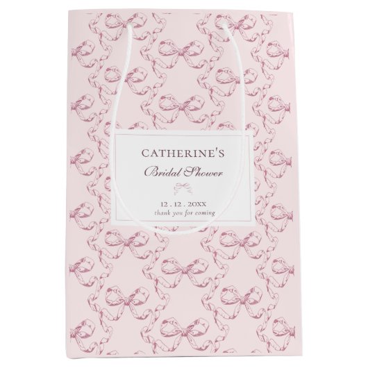 エレガントなヴィンテージガーリープレピーなリボン ピンク トワル ミディアムペーパーバッグ (正面)